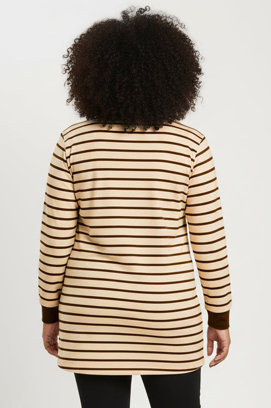 Büyük Beden Yan Yırtmaçlı Bisiklet Yaka Çizgili Tunik Krem