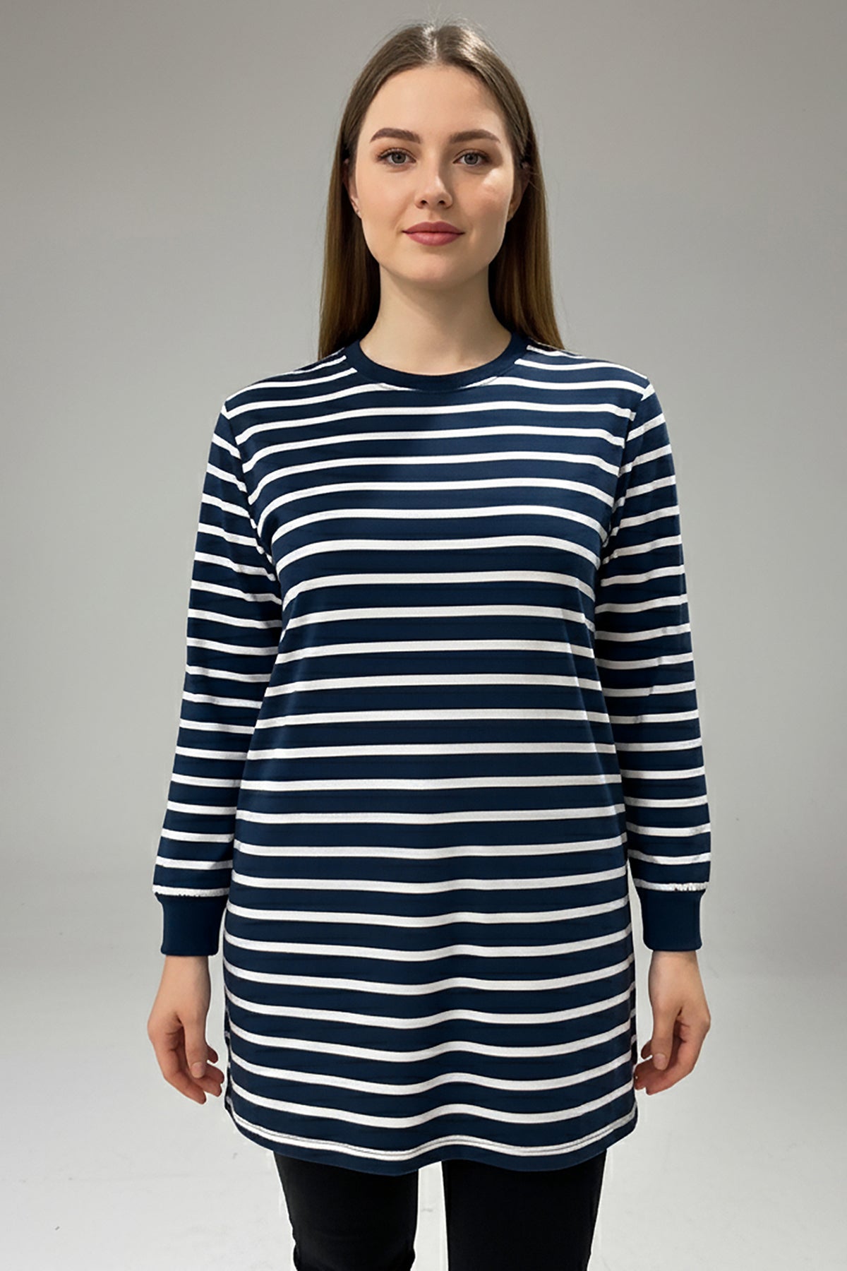 Büyük Beden Yan Yırtmaçlı Bisiklet Yaka Çizgili Tunik Lacivert