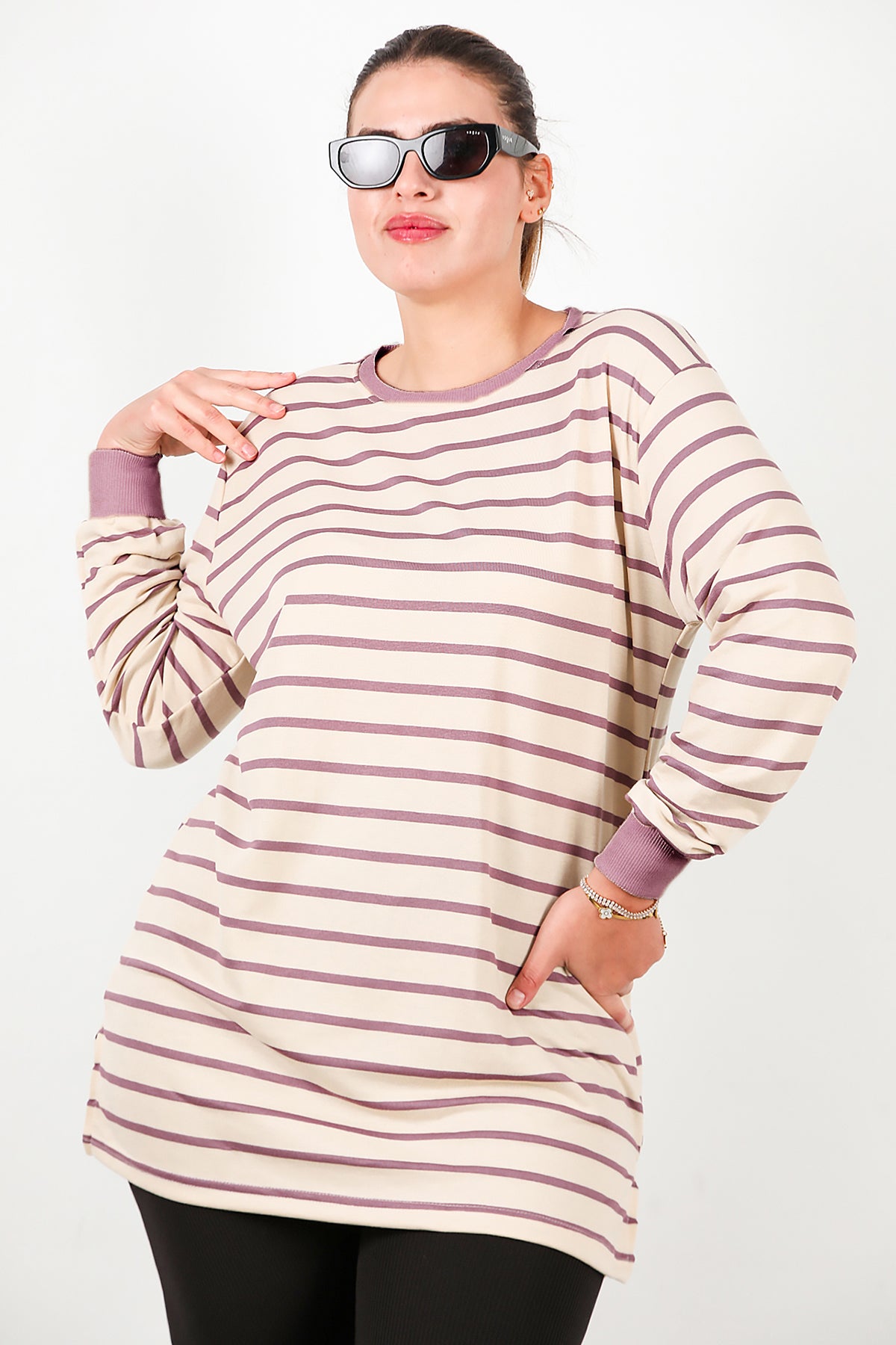 Büyük Beden Yan Yırtmaçlı Bisiklet Yaka Çizgili Tunik Mor