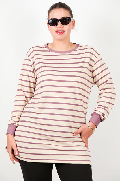 Büyük Beden Yan Yırtmaçlı Bisiklet Yaka Çizgili Tunik Mor