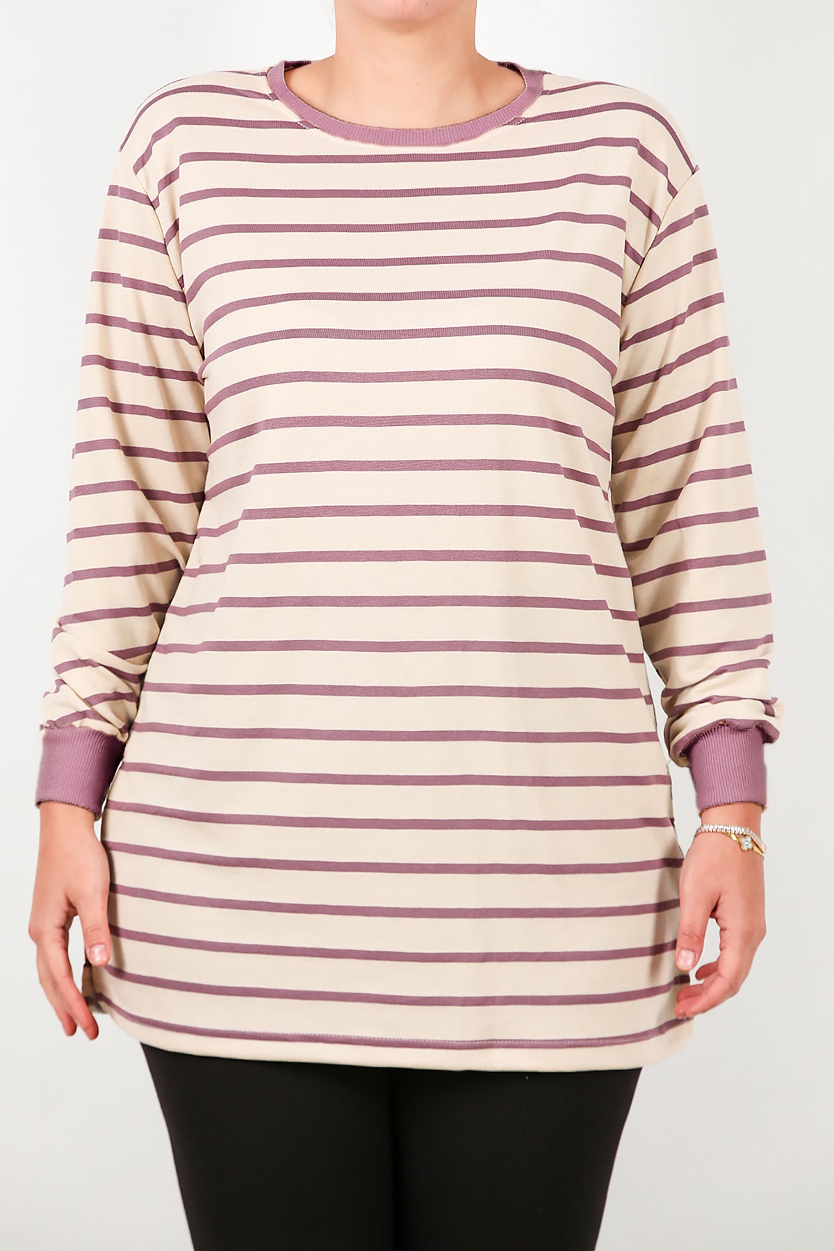 Büyük Beden Yan Yırtmaçlı Bisiklet Yaka Çizgili Tunik Mor