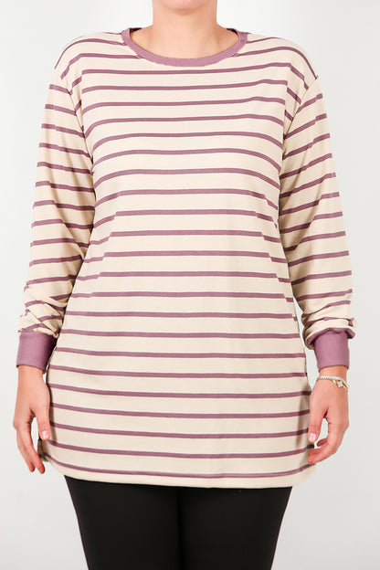 Büyük Beden Yan Yırtmaçlı Bisiklet Yaka Çizgili Tunik Mor