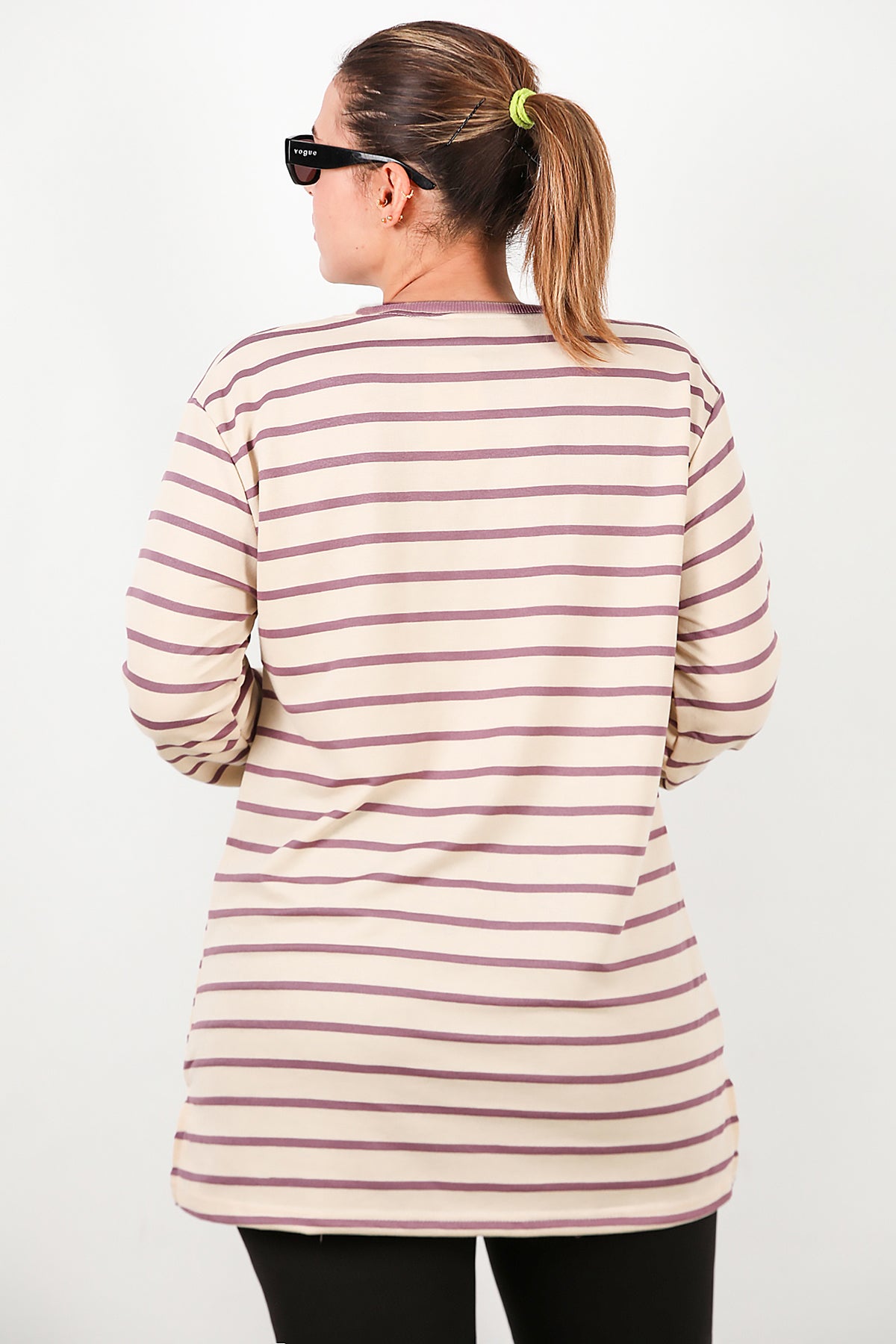 Büyük Beden Yan Yırtmaçlı Bisiklet Yaka Çizgili Tunik Mor