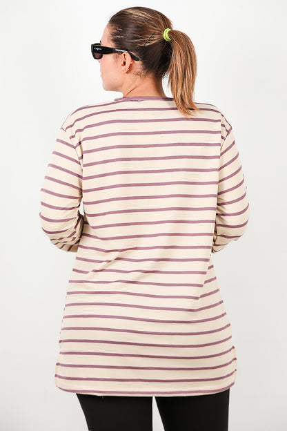 Büyük Beden Yan Yırtmaçlı Bisiklet Yaka Çizgili Tunik Mor
