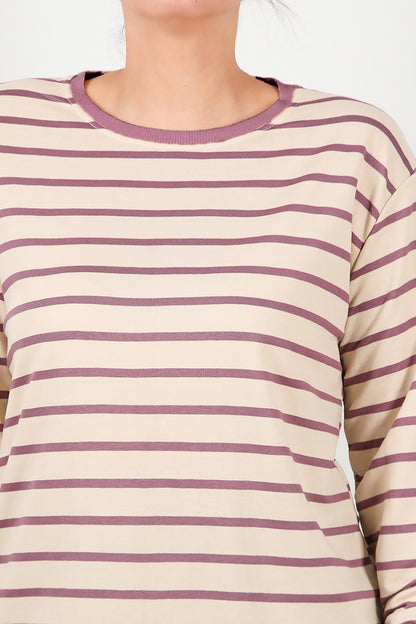 Büyük Beden Yan Yırtmaçlı Bisiklet Yaka Çizgili Tunik Mor