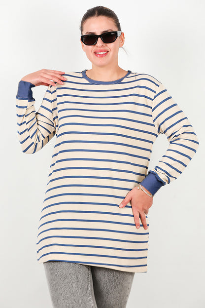 Büyük Beden Yan Yırtmaçlı Bisiklet Yaka Çizgili Tunik Mavi