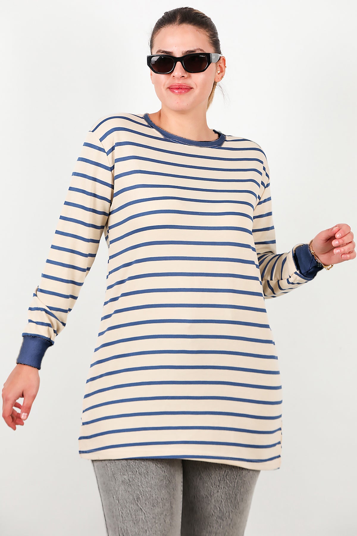 Büyük Beden Yan Yırtmaçlı Bisiklet Yaka Çizgili Tunik Mavi