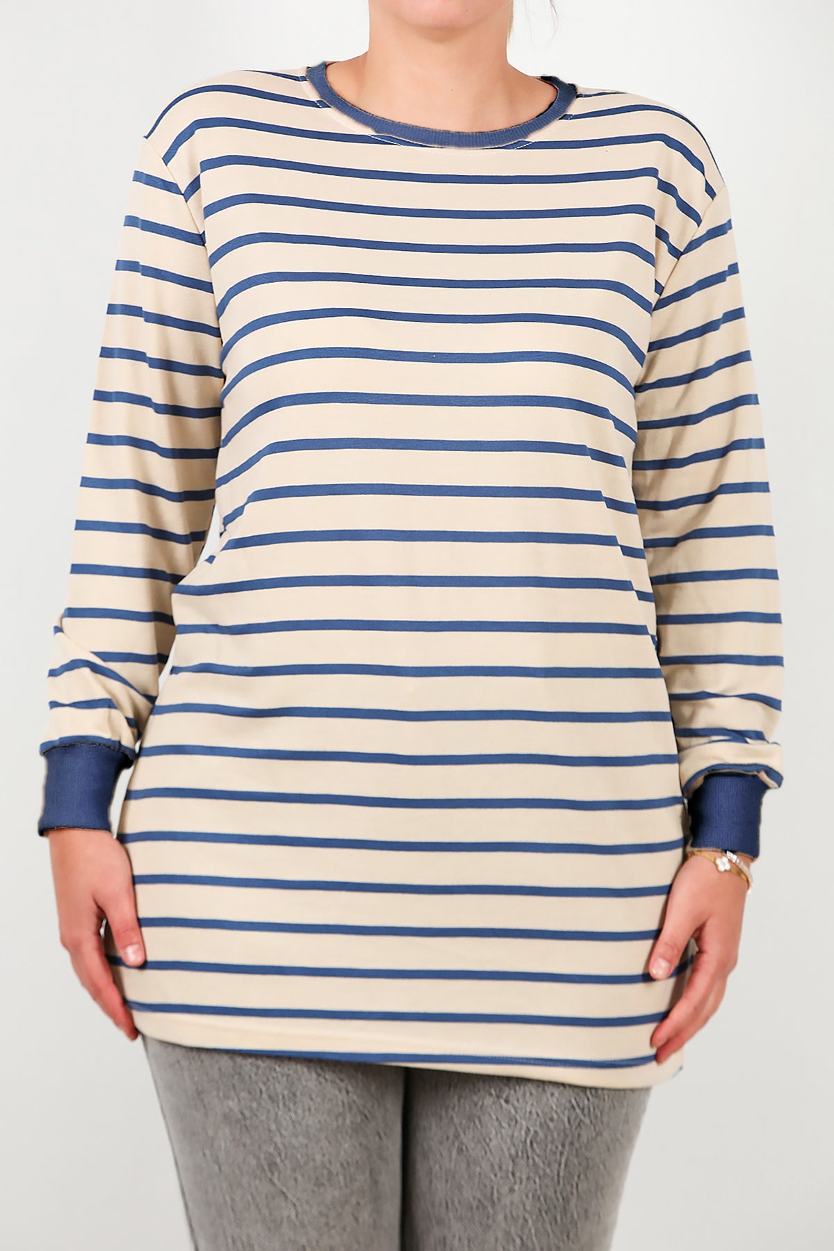 Büyük Beden Yan Yırtmaçlı Bisiklet Yaka Çizgili Tunik Mavi