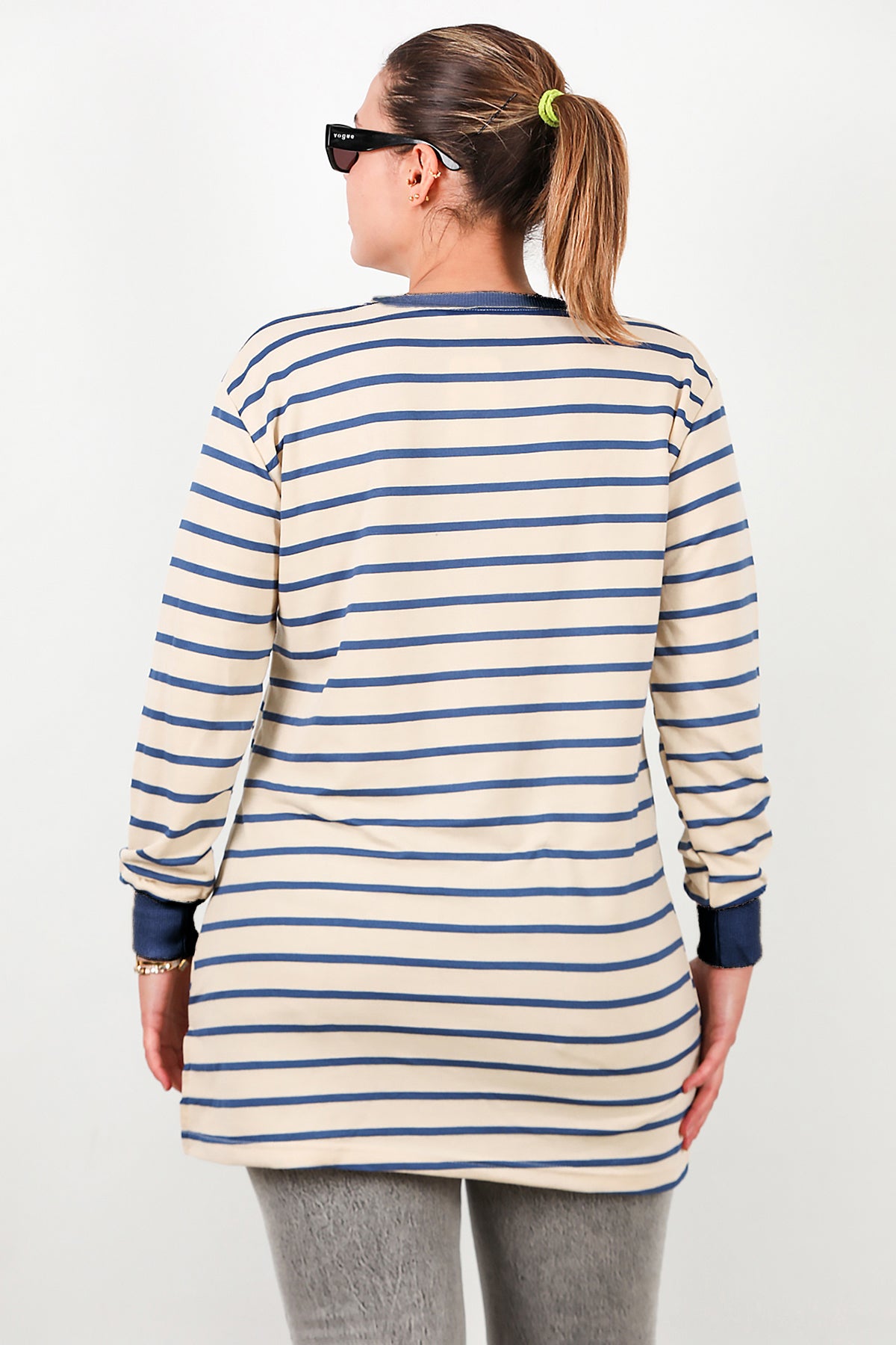 Büyük Beden Yan Yırtmaçlı Bisiklet Yaka Çizgili Tunik Mavi