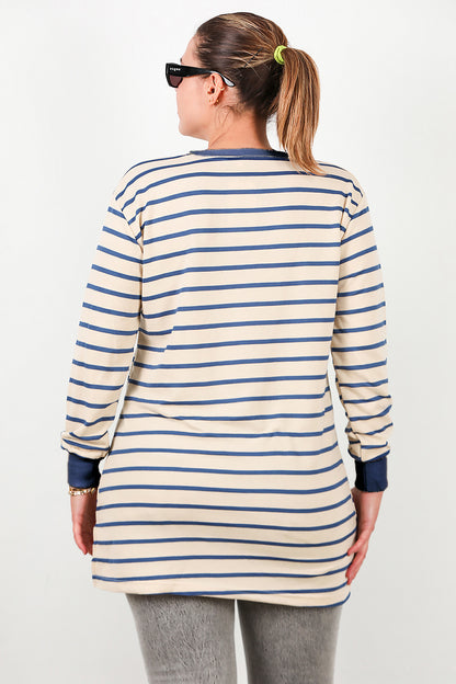Büyük Beden Yan Yırtmaçlı Bisiklet Yaka Çizgili Tunik Mavi