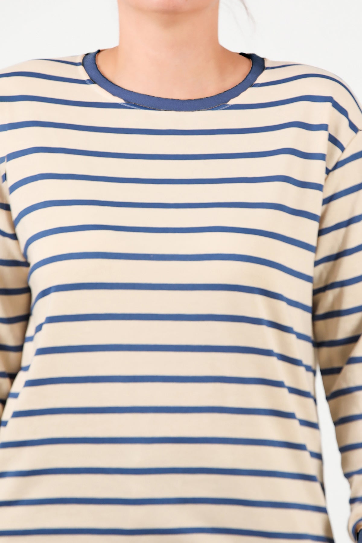 Büyük Beden Yan Yırtmaçlı Bisiklet Yaka Çizgili Tunik Mavi