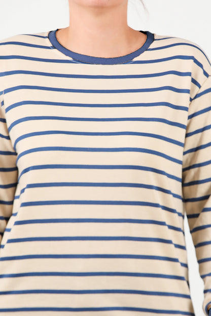 Büyük Beden Yan Yırtmaçlı Bisiklet Yaka Çizgili Tunik Mavi