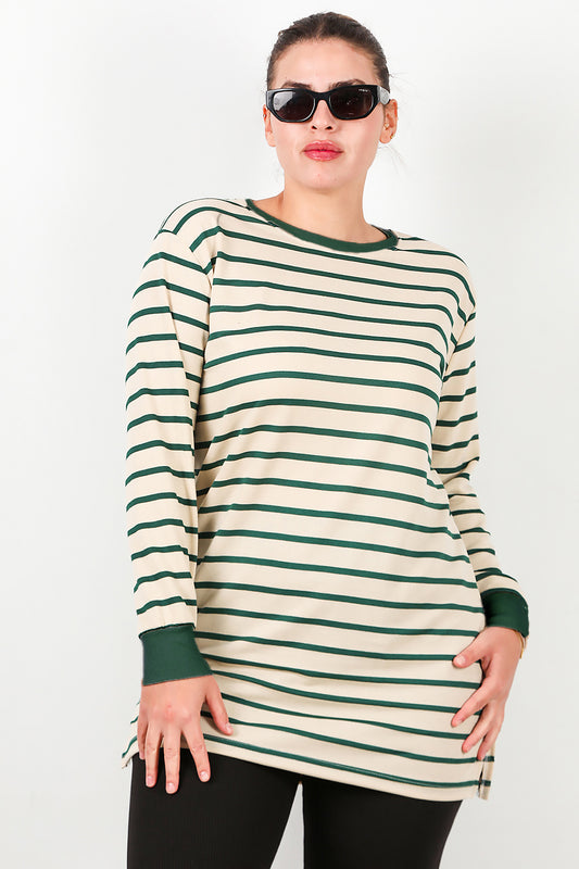 Büyük Beden Yan Yırtmaçlı Bisiklet Yaka Çizgili Tunik Yeşil