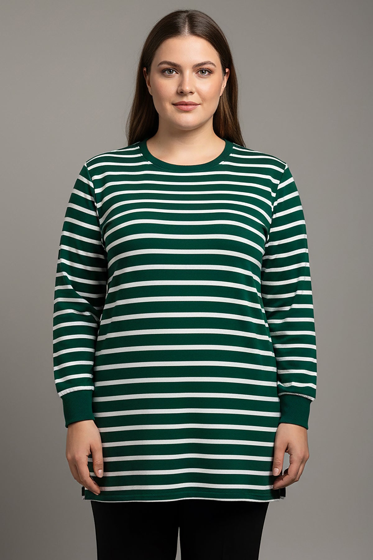 Büyük Beden Yan Yırtmaçlı Bisiklet Yaka Çizgili Tunik Zümrüt