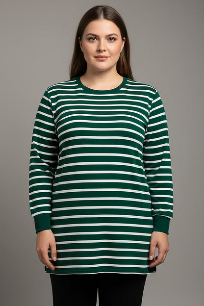 Büyük Beden Yan Yırtmaçlı Bisiklet Yaka Çizgili Tunik Zümrüt