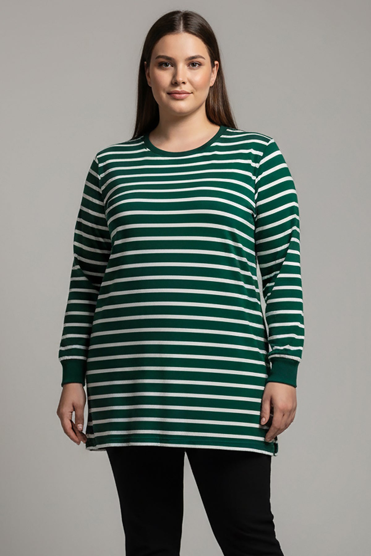 Büyük Beden Yan Yırtmaçlı Bisiklet Yaka Çizgili Tunik Zümrüt