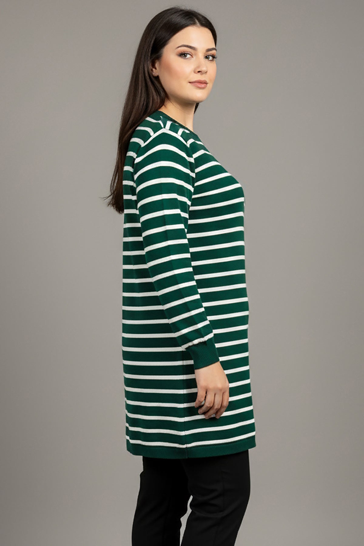 Büyük Beden Yan Yırtmaçlı Bisiklet Yaka Çizgili Tunik Zümrüt
