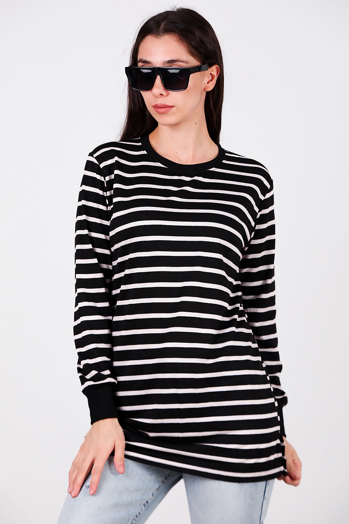 Kadın Yanı Yırtmaçlı Çizgili Tunik Black