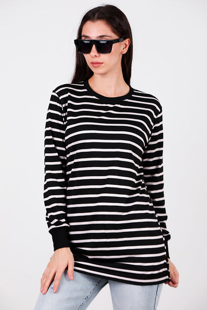 Kadın Yanı Yırtmaçlı Çizgili Tunik Black