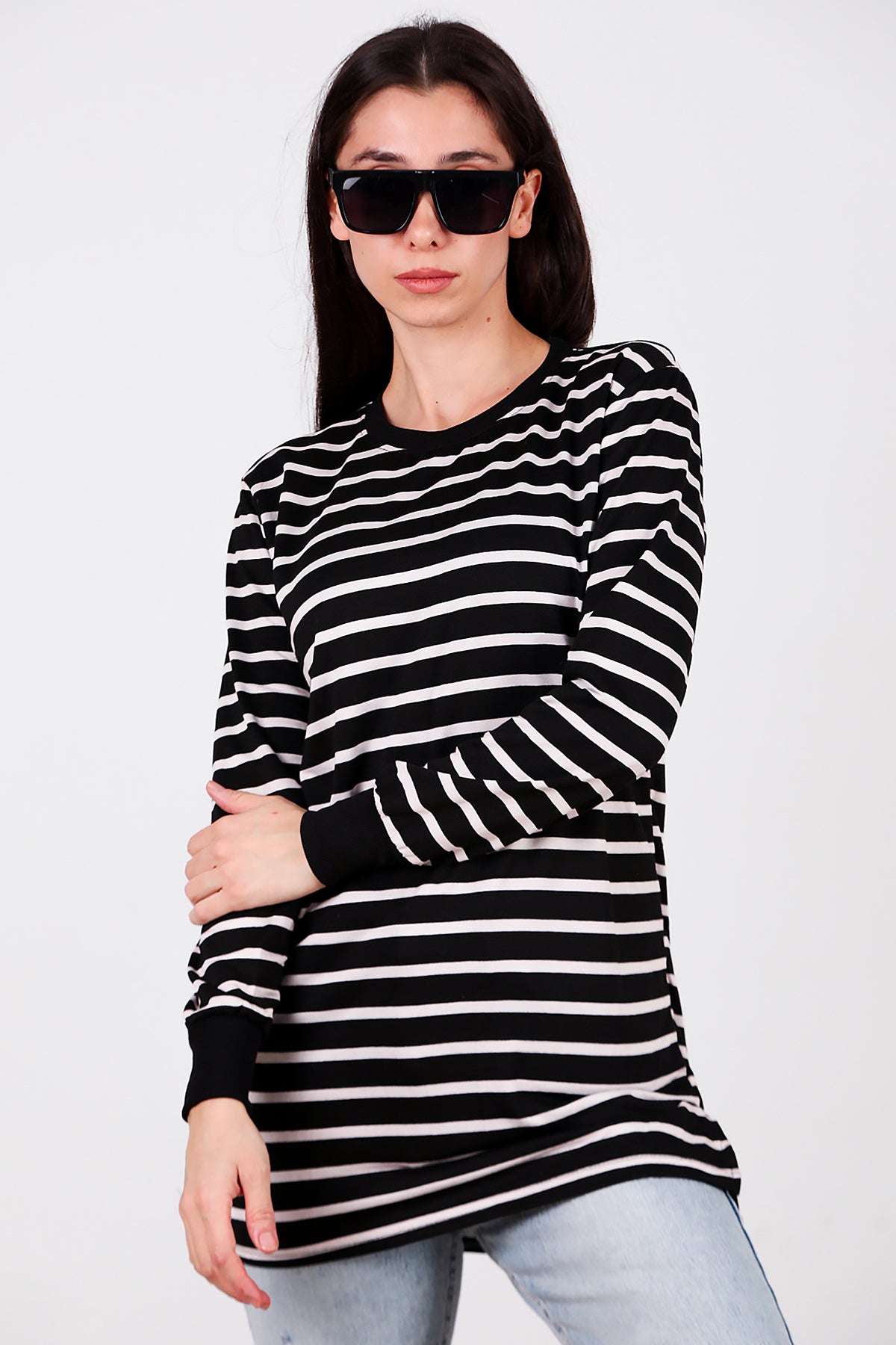 Kadın Yanı Yırtmaçlı Çizgili Tunik Black