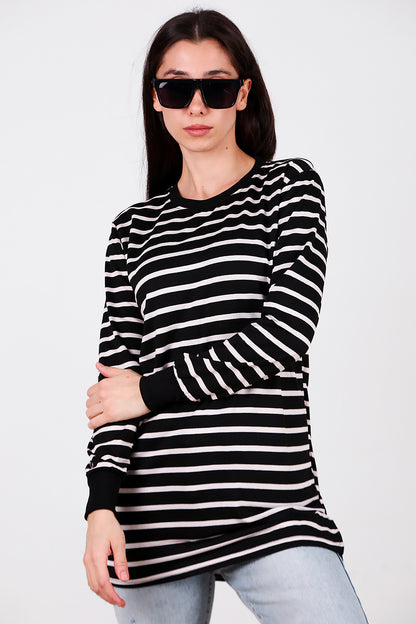 Kadın Yanı Yırtmaçlı Çizgili Tunik Black