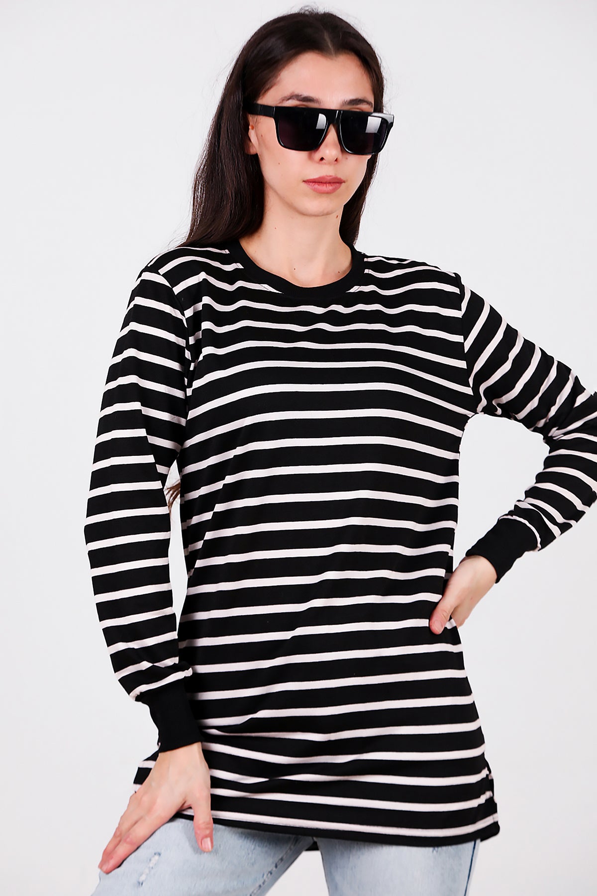 Kadın Yanı Yırtmaçlı Çizgili Tunik Black