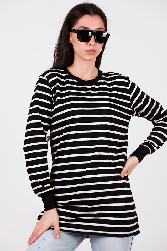 Kadın Yanı Yırtmaçlı Çizgili Tunik Black