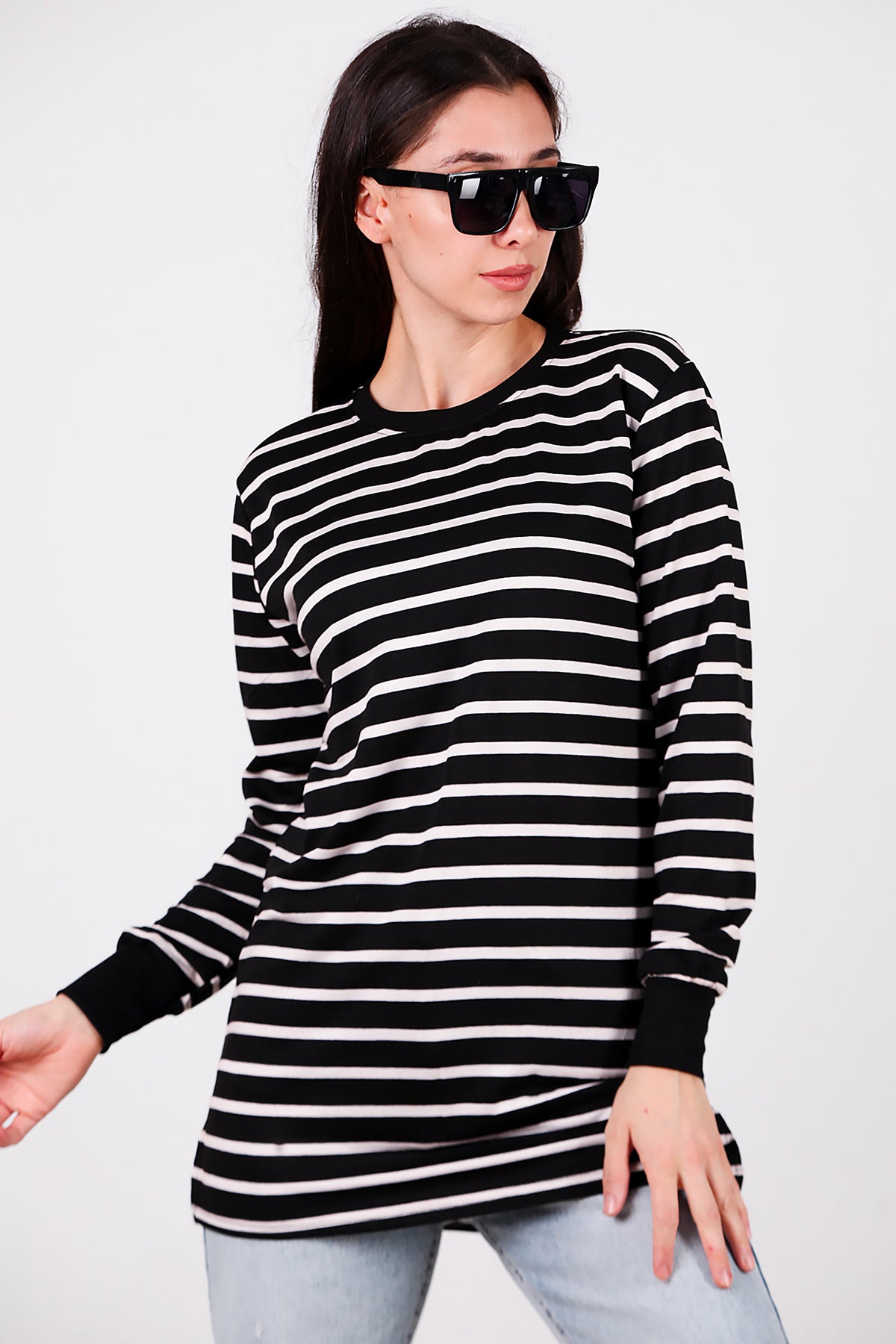 Kadın Yanı Yırtmaçlı Çizgili Tunik Black