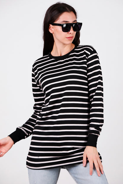 Kadın Yanı Yırtmaçlı Çizgili Tunik Black