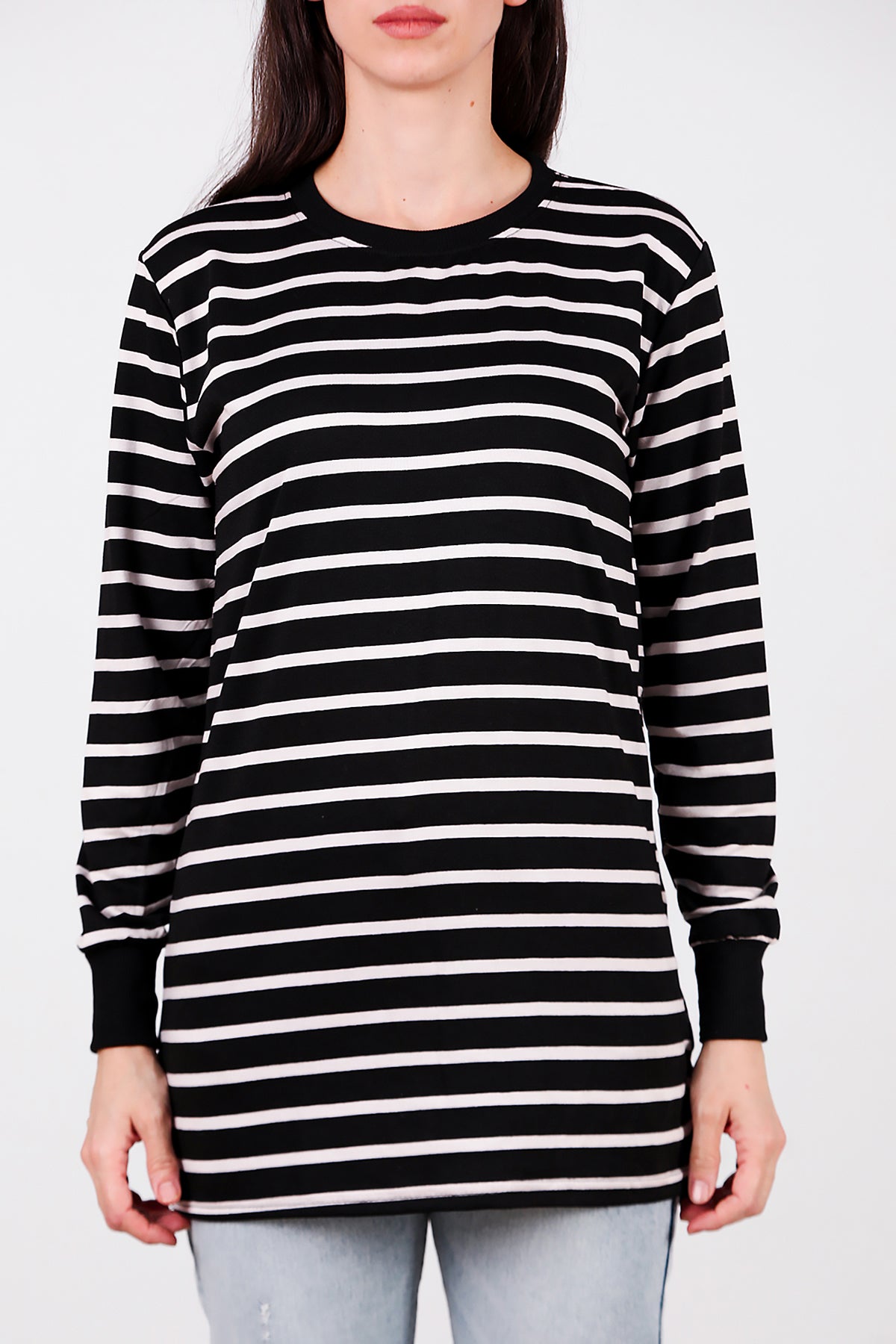 Kadın Yanı Yırtmaçlı Çizgili Tunik Black