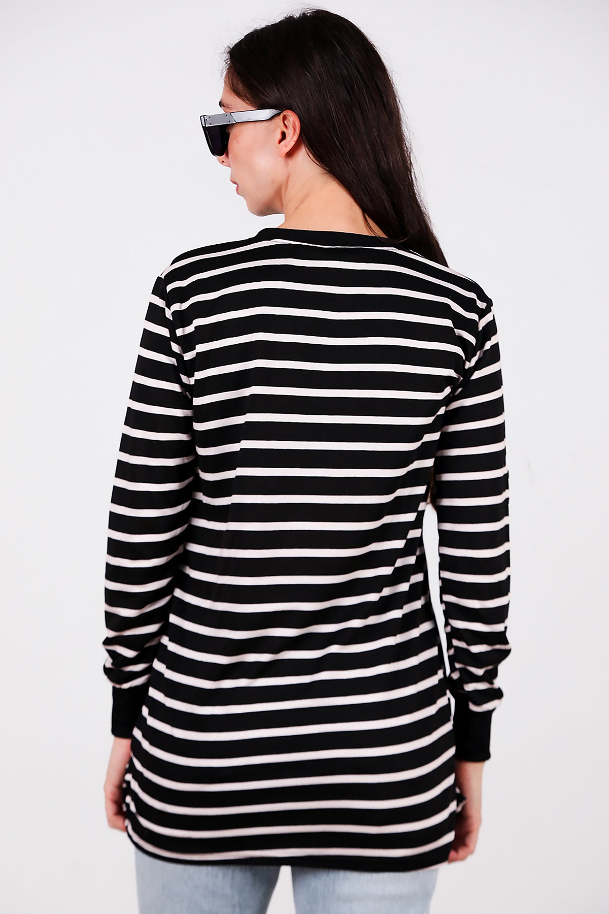 Kadın Yanı Yırtmaçlı Çizgili Tunik Black