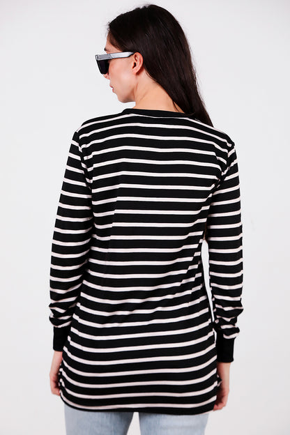 Kadın Yanı Yırtmaçlı Çizgili Tunik Black
