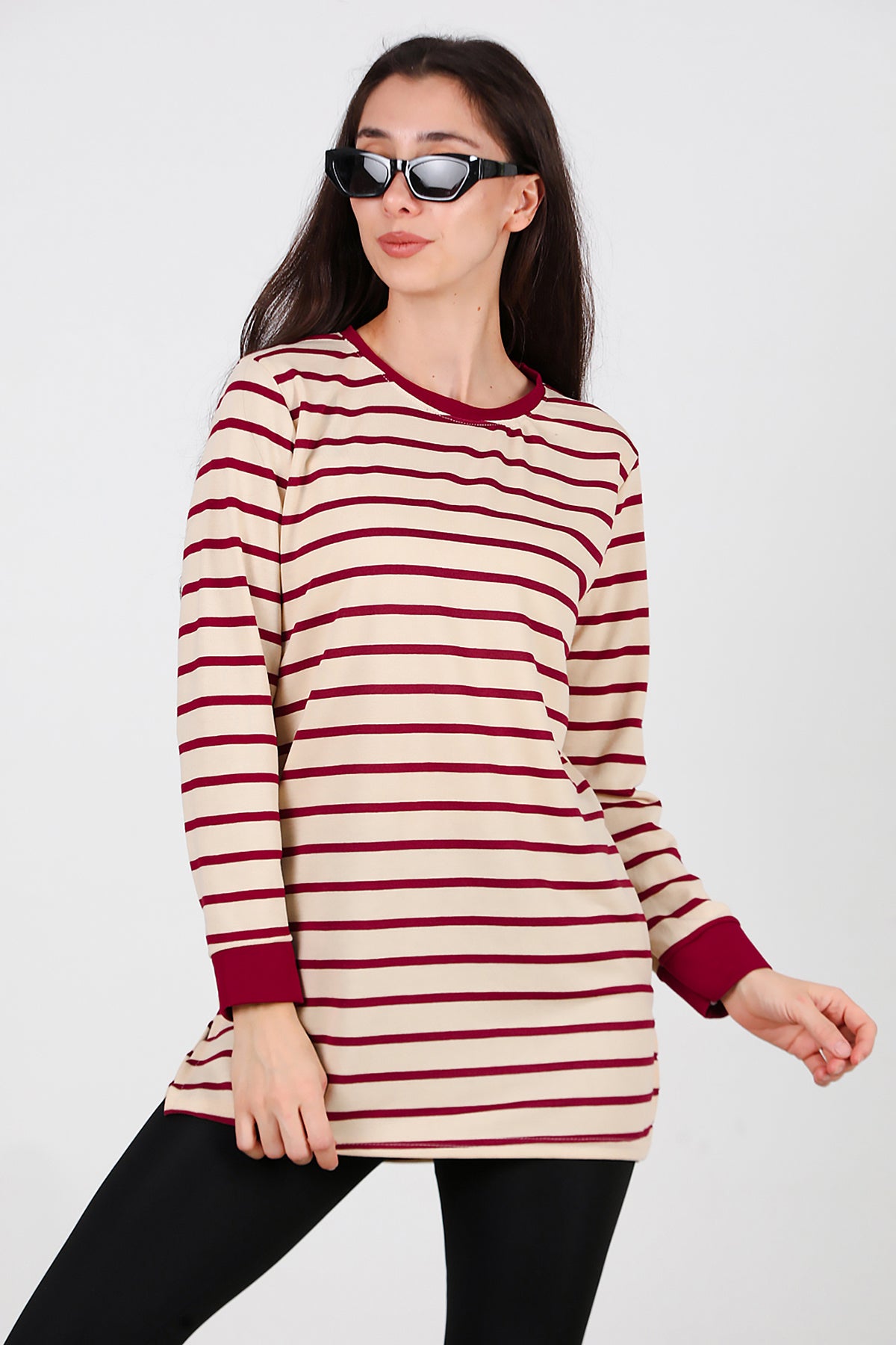 Kadın Yanı Yırtmaçlı Çizgili Tunik Bordo