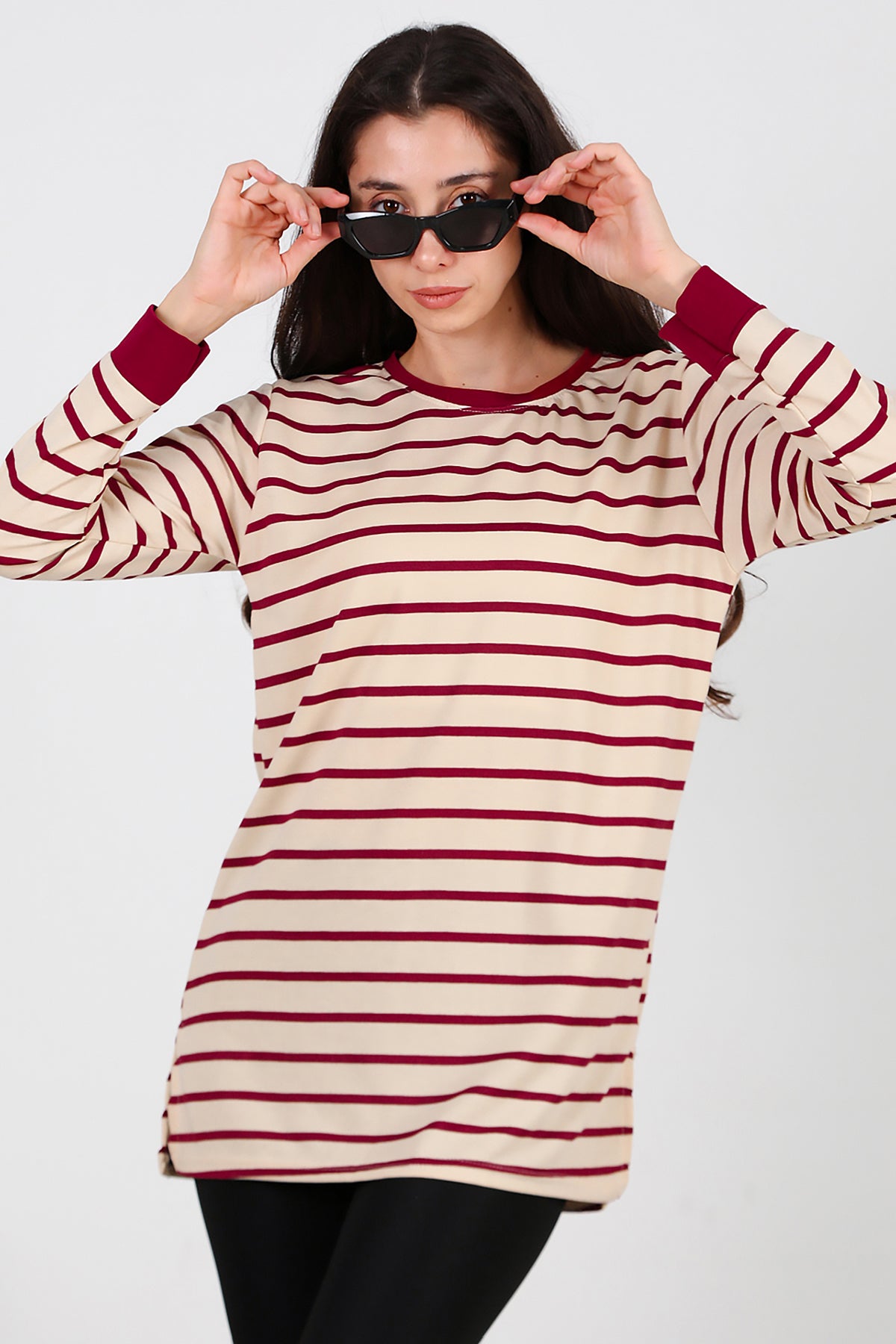 Kadın Yanı Yırtmaçlı Çizgili Tunik Bordo