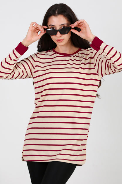 Kadın Yanı Yırtmaçlı Çizgili Tunik Bordo
