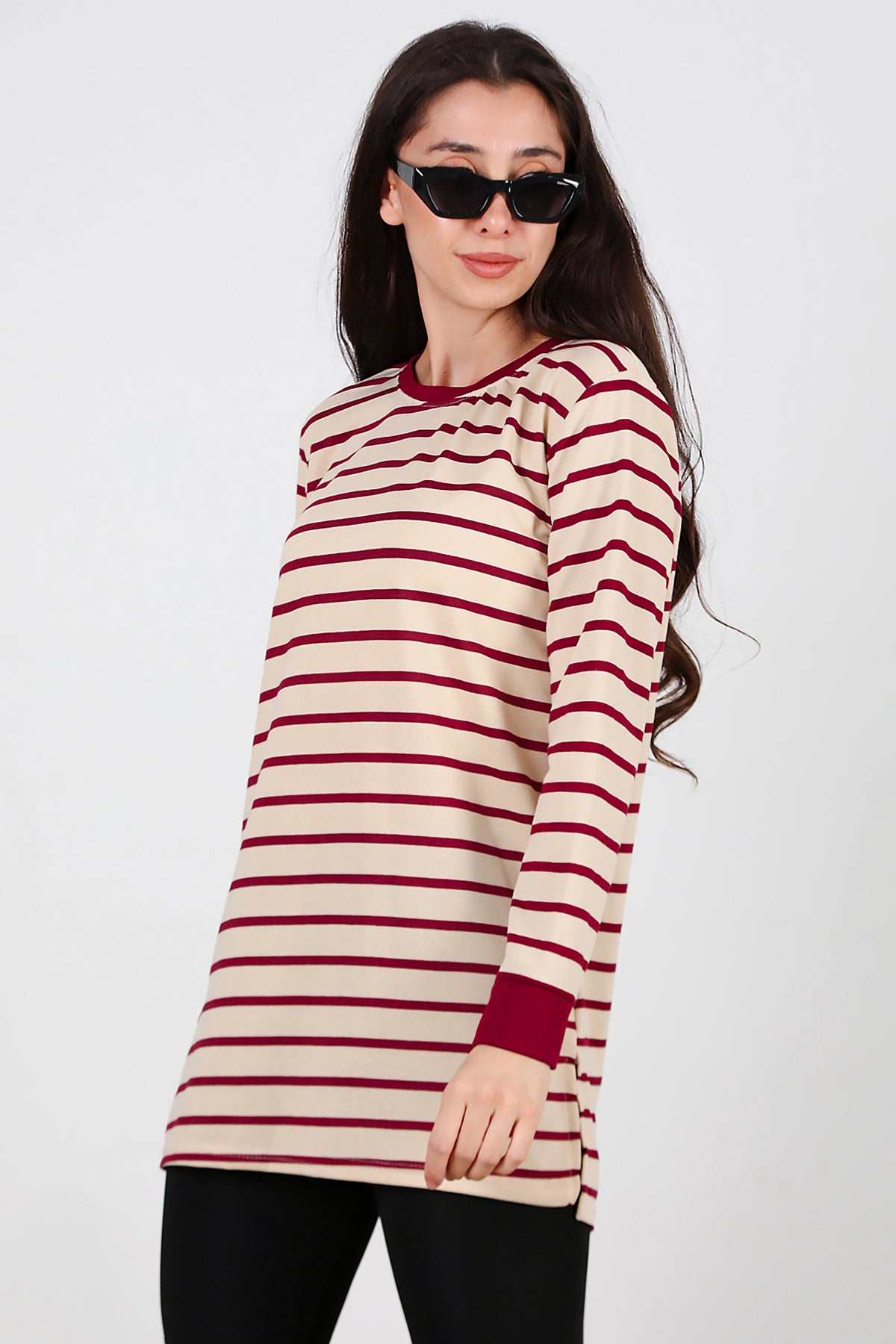 Kadın Yanı Yırtmaçlı Çizgili Tunik Bordo