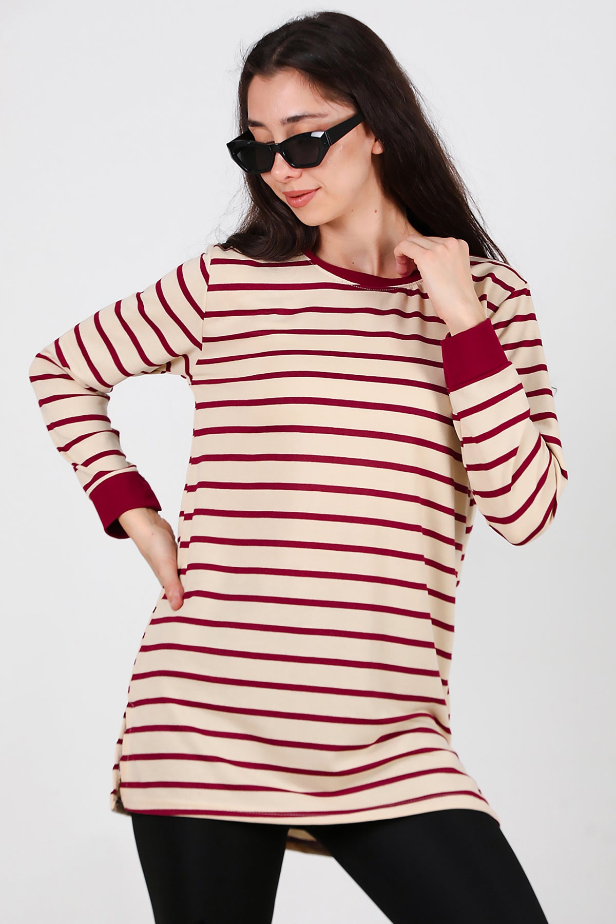 Kadın Yanı Yırtmaçlı Çizgili Tunik Bordo