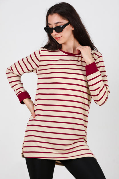 Kadın Yanı Yırtmaçlı Çizgili Tunik Bordo