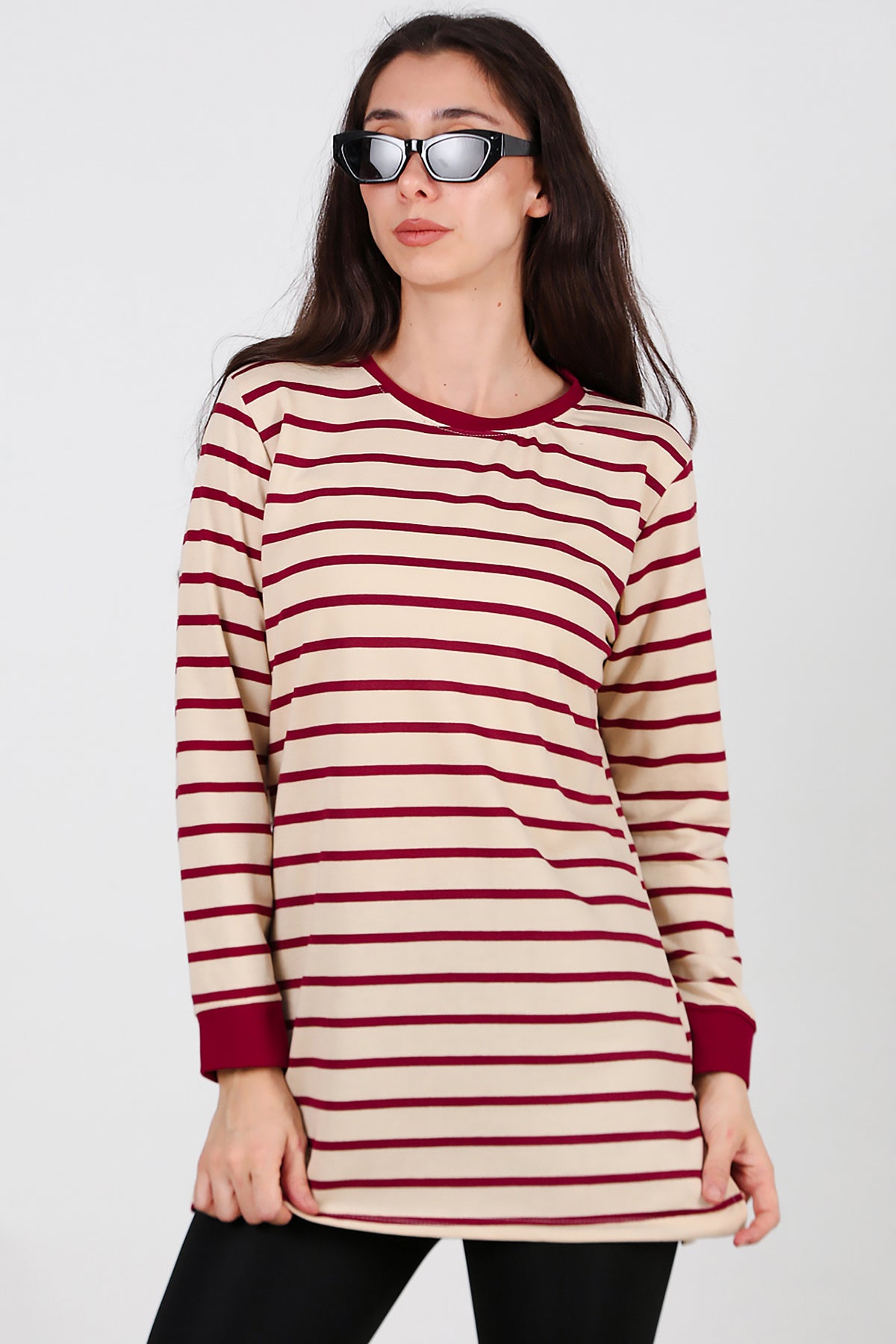 Kadın Yanı Yırtmaçlı Çizgili Tunik Bordo