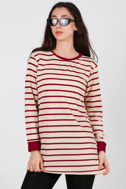 Kadın Yanı Yırtmaçlı Çizgili Tunik Bordo