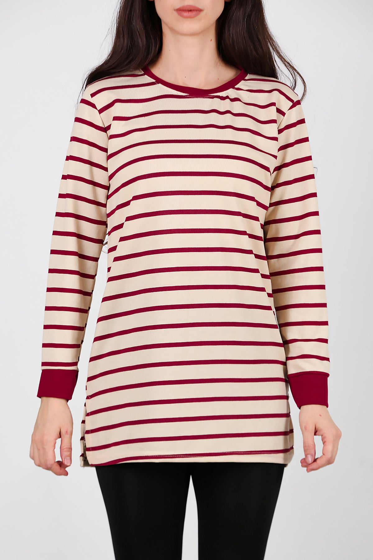 Kadın Yanı Yırtmaçlı Çizgili Tunik Bordo