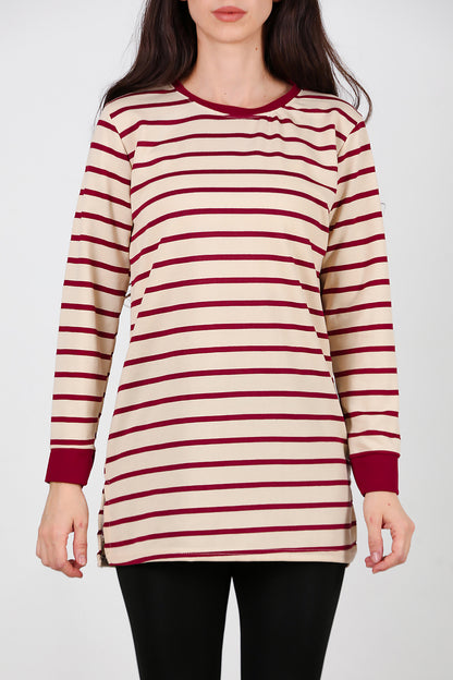 Kadın Yanı Yırtmaçlı Çizgili Tunik Bordo
