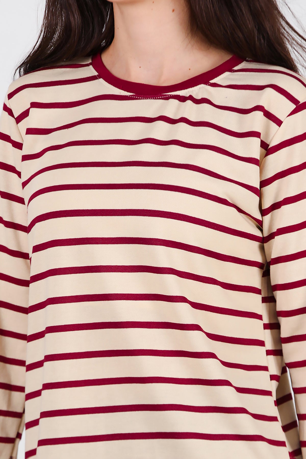Kadın Yanı Yırtmaçlı Çizgili Tunik Bordo