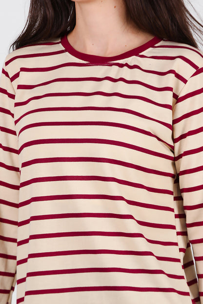 Kadın Yanı Yırtmaçlı Çizgili Tunik Bordo