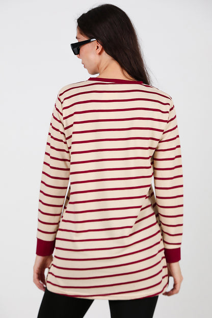 Kadın Yanı Yırtmaçlı Çizgili Tunik Bordo