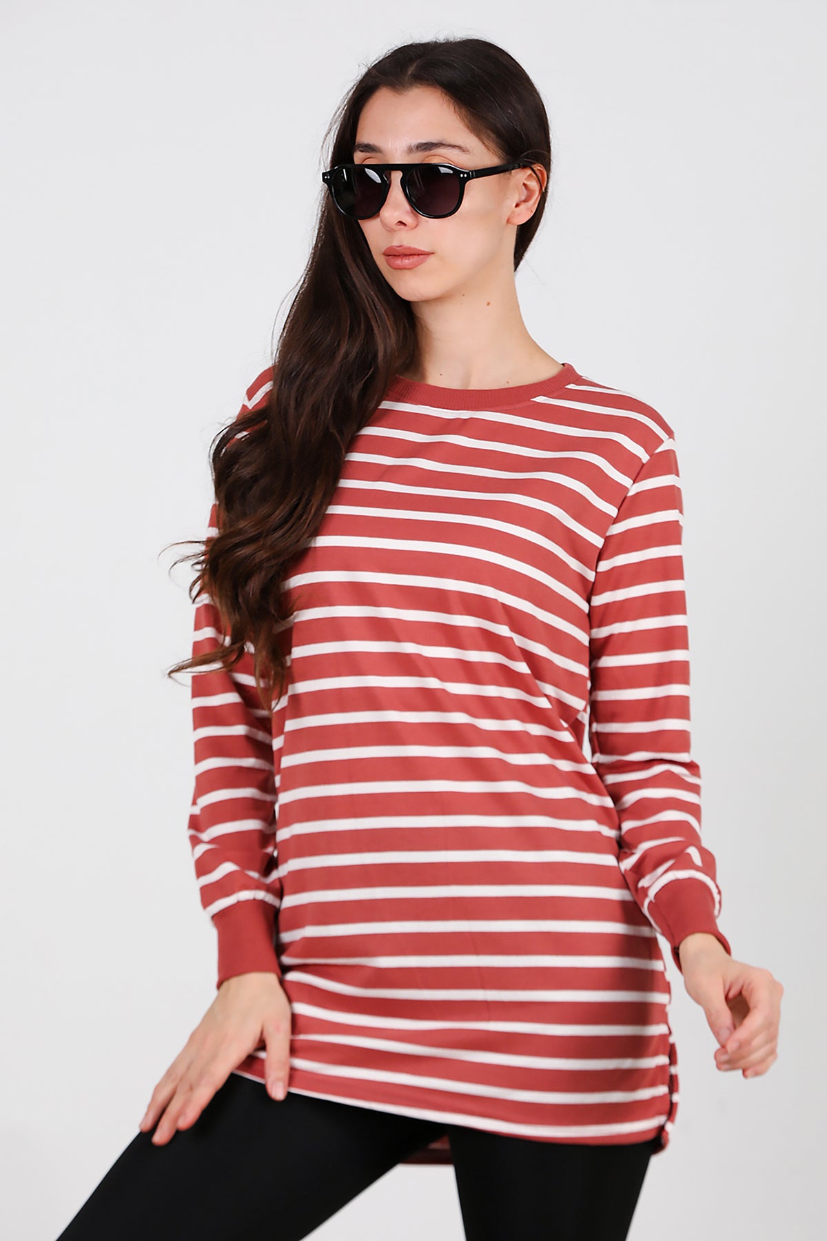 Kadın Yanı Yırtmaçlı Çizgili Tunik Gül Kurusu