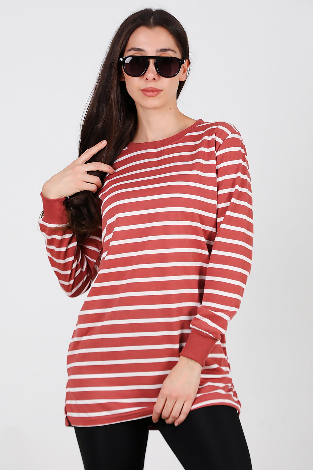 Kadın Yanı Yırtmaçlı Çizgili Tunik Gül Kurusu