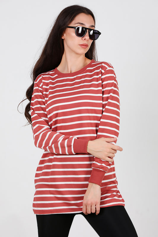 Kadın Yanı Yırtmaçlı Çizgili Tunik Gül Kurusu