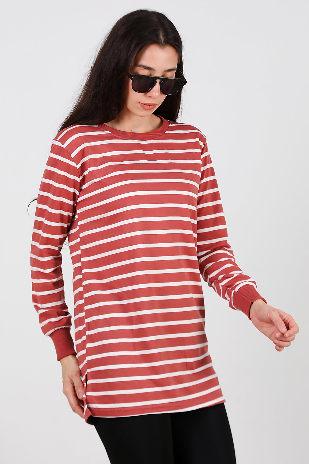 Kadın Yanı Yırtmaçlı Çizgili Tunik Gül Kurusu