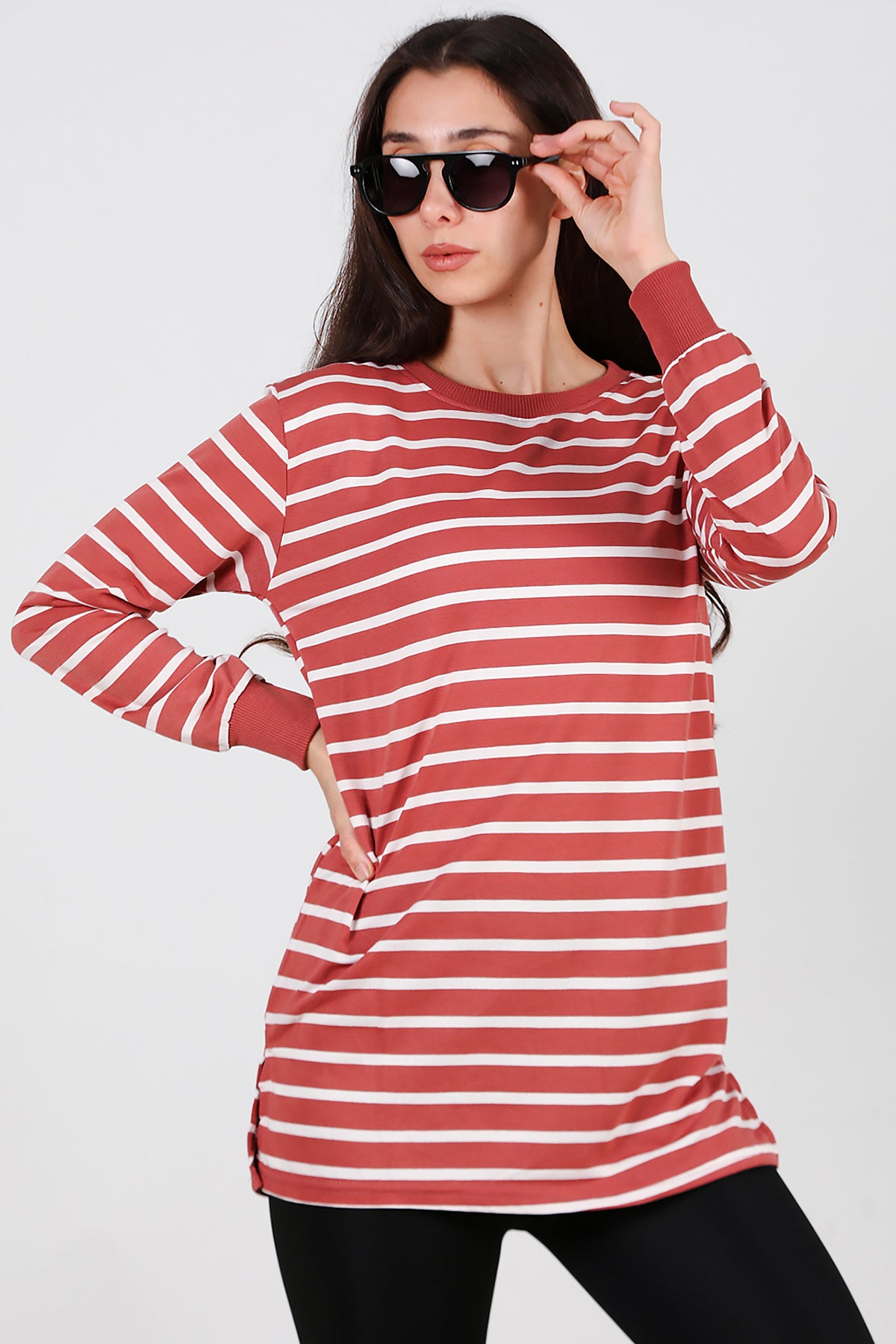 Kadın Yanı Yırtmaçlı Çizgili Tunik Gül Kurusu